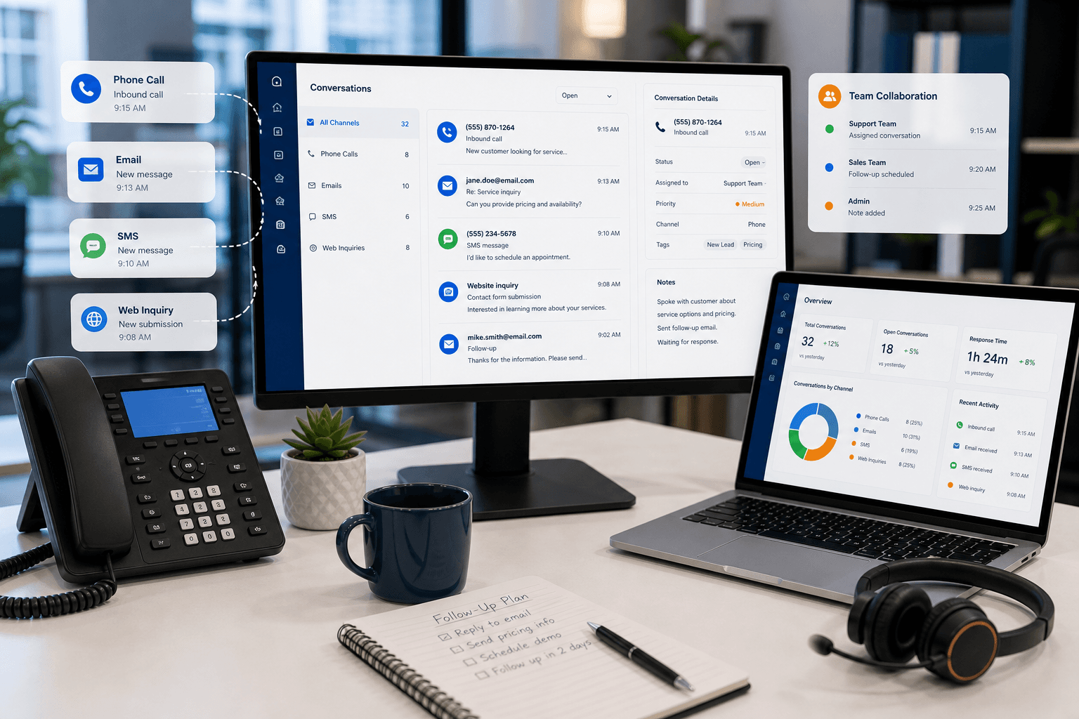 Multi-channel communication management dashboard coordinating phone, email, SMS, and web inquiries