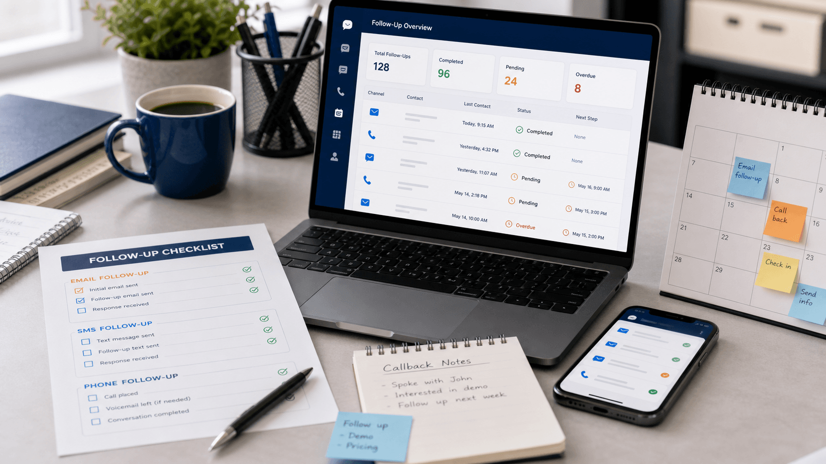 Customer follow-up workspace with checklist, callback notes, calendar planning, and a response tracking dashboard