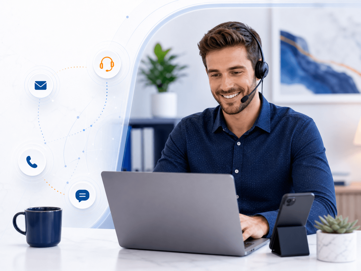 Smiling young virtual receptionist wearing a headset while working at a laptop with phone, message, and email support cues