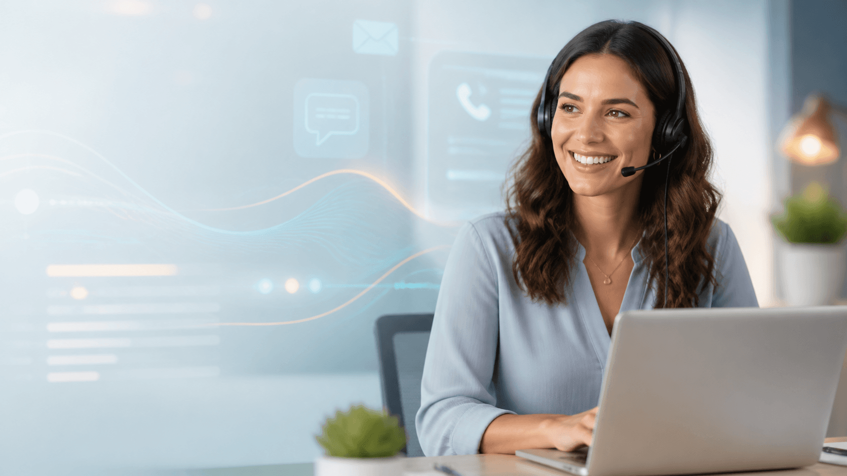 Smiling virtual receptionist using a headset and laptop